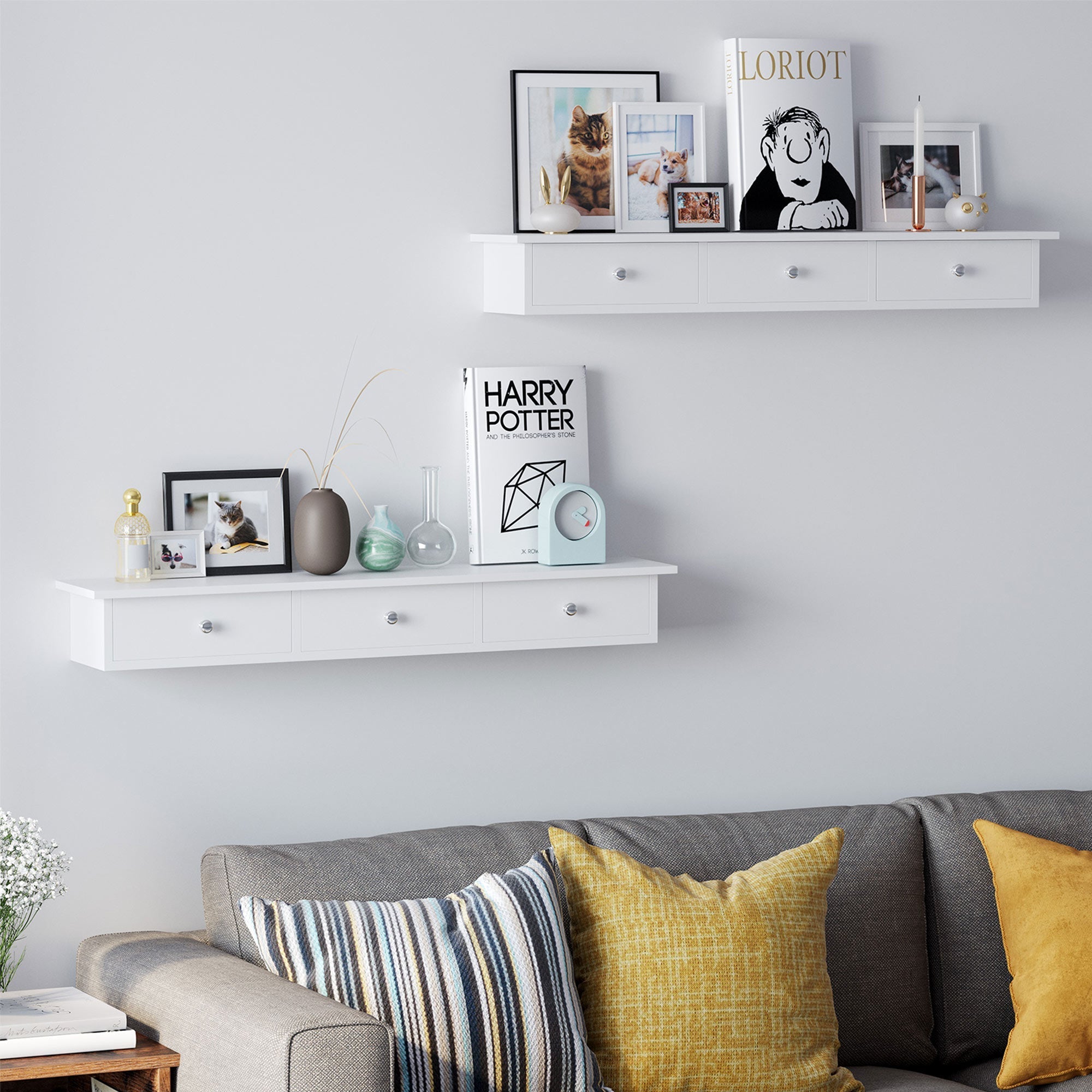 Wandschrank - mit 3 Schubladen - schwimmendes Brett - Weiß