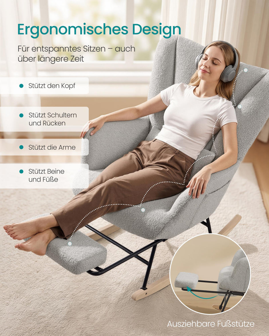 Schommelstoel - Met Uitschuifbare Voetensteun - Fleece - Houten Poten - Duifgrijs