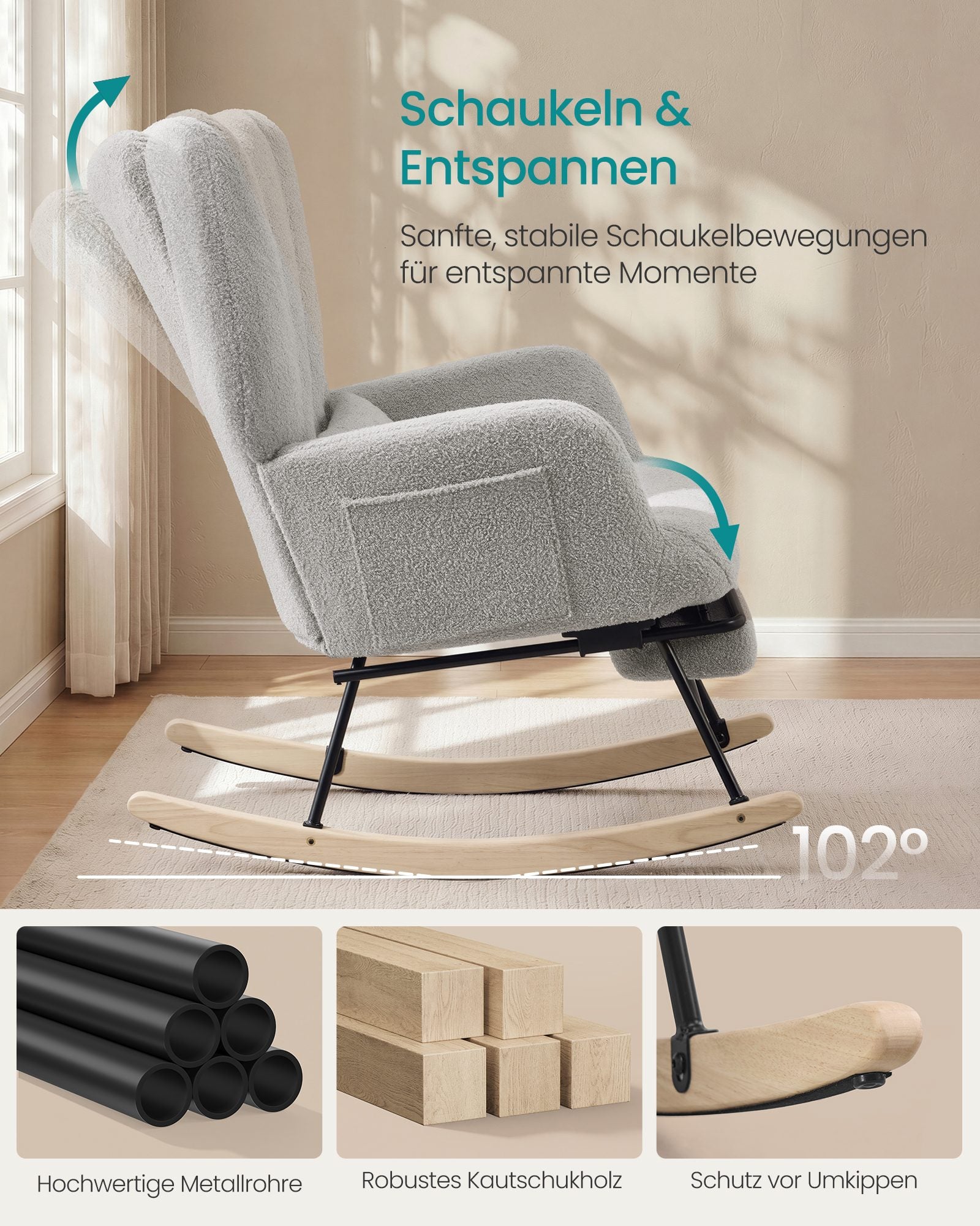 Schommelstoel - Met Uitschuifbare Voetensteun - Fleece - Houten Poten - Duifgrijs