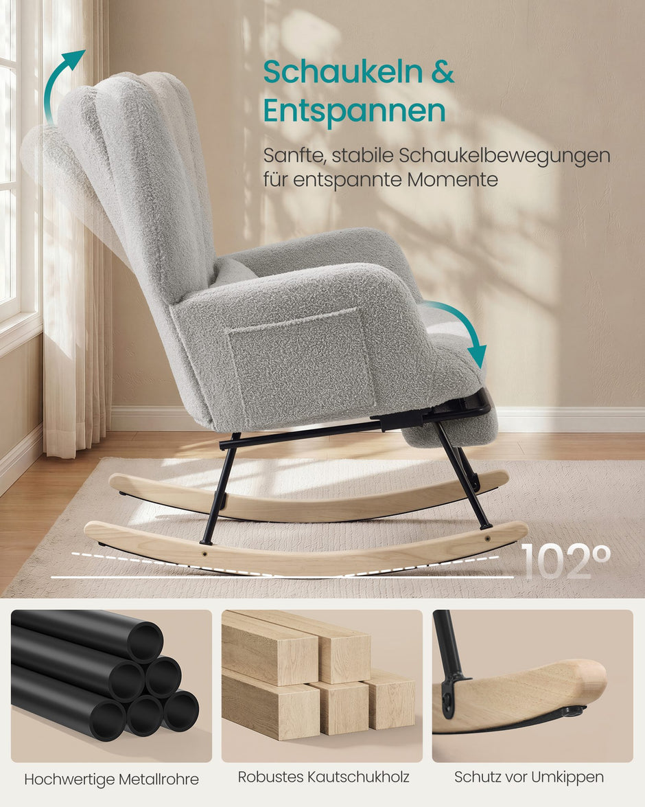 Schommelstoel - Met Uitschuifbare Voetensteun - Fleece - Houten Poten - Duifgrijs