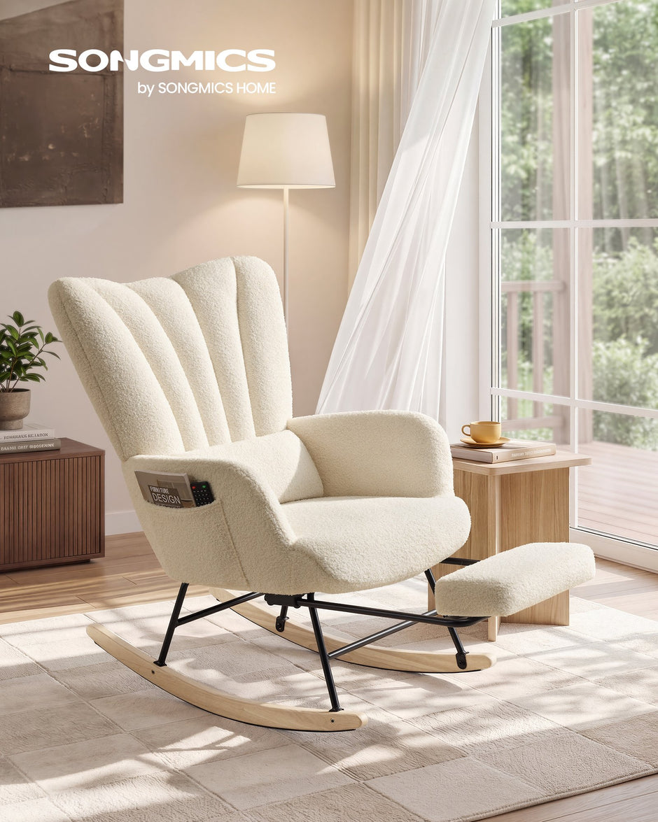 Schommelstoel - Met Uitschuifbare Voetensteun - Fleece - Houten Poten - Crèmewit