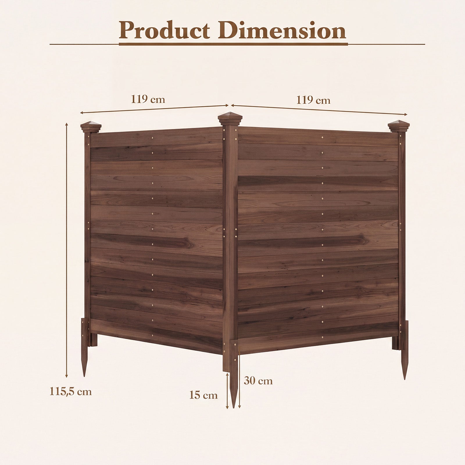 Tvådelad – skyddshäck trädgårdshäck av gran utomhus trähäck med tre stolpar – 119 x 119 cm – Brun