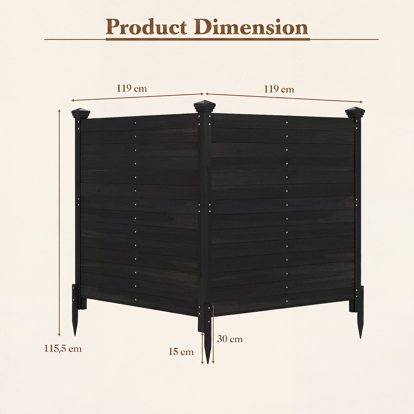 Siktskyddsstaket – delat trädgårdsstaket av granved utomhus trästaket med stolpar – 2 119 x 119 cm 3 – Svart