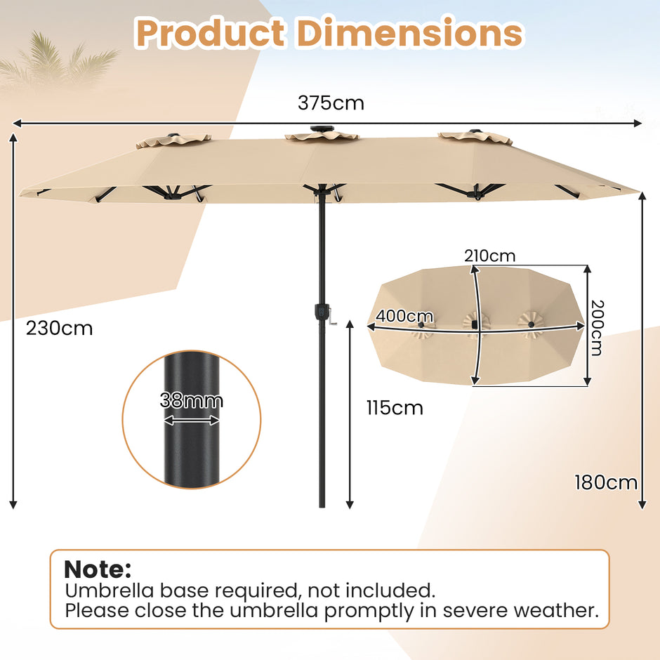 Dubbelsolparasoll – med LED belysning rektangulärt trädgårdsparassoll – 400 x 210 cm – Beige