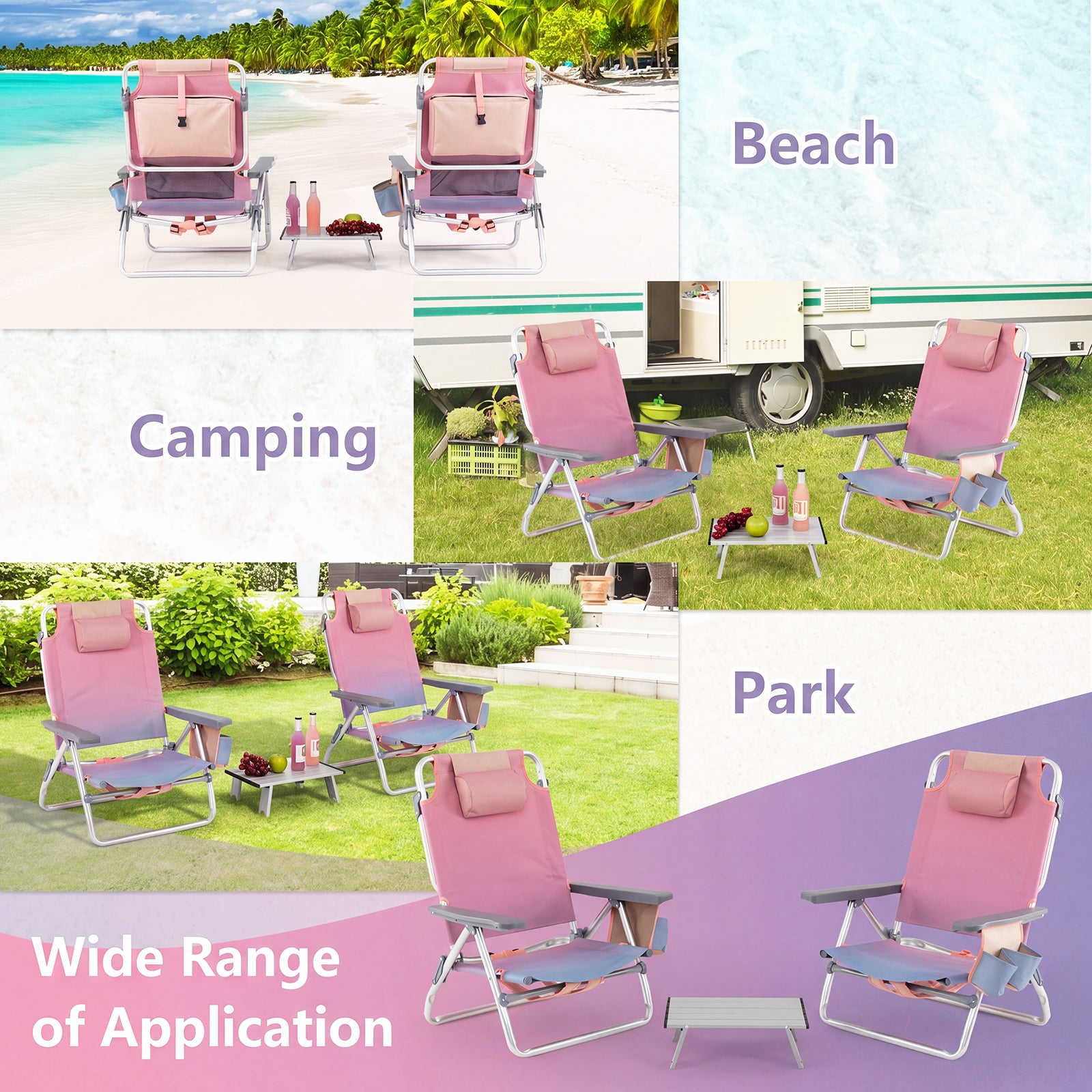pack – strandstolar med bord, hopfällbara campingstolar justerbar ryggstöd Färgrik – 2 – Färgglad