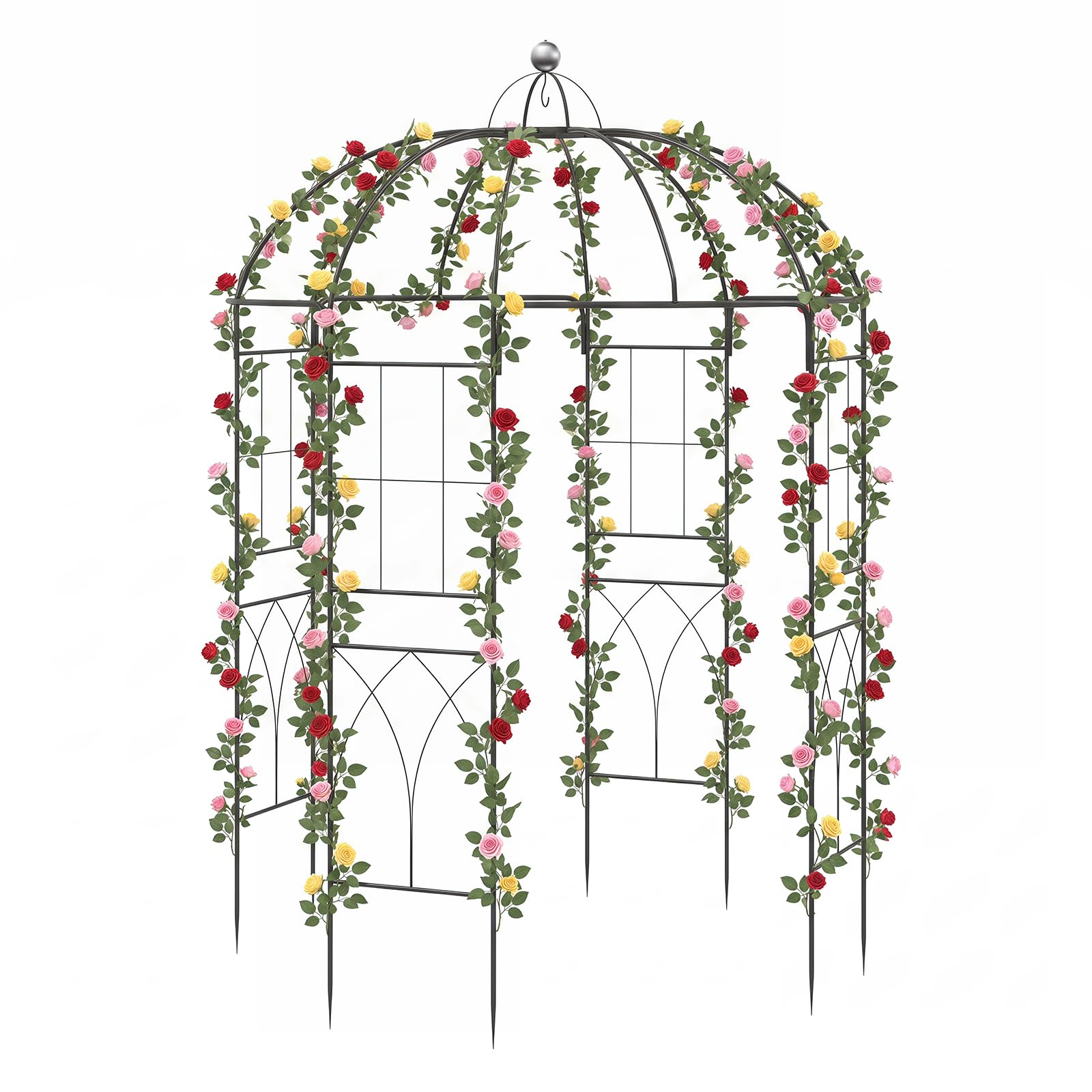 Metallrosenbåge – Rankpaviljong i fågelbur form trädgårdsbåge med markankare rankgaller – 4 203 x 203 x 296 cm – Svart