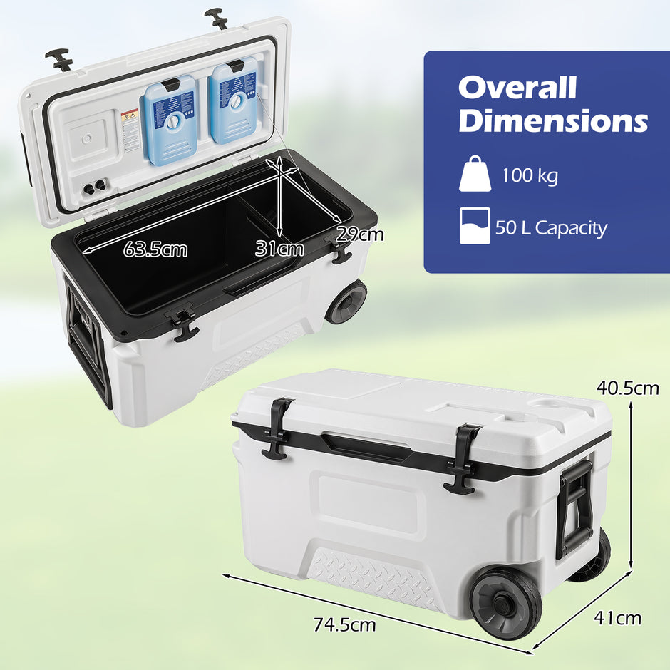 Kylbox – Stor thermobox i plast med hjul och handtag avloppspropp dryckeshållare – 50 l – Vit