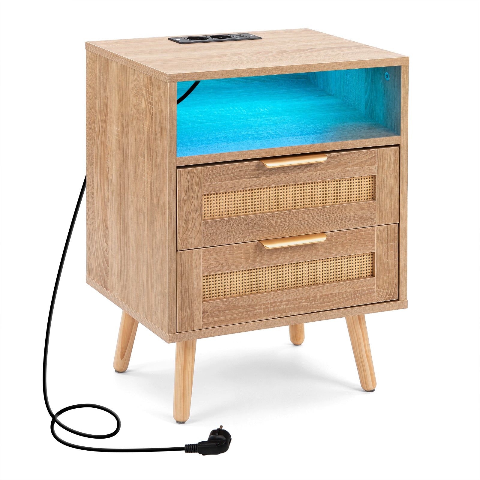 Nattbord – med laddstation och LED ljus, lådor, sidobord rattanutseende – 2