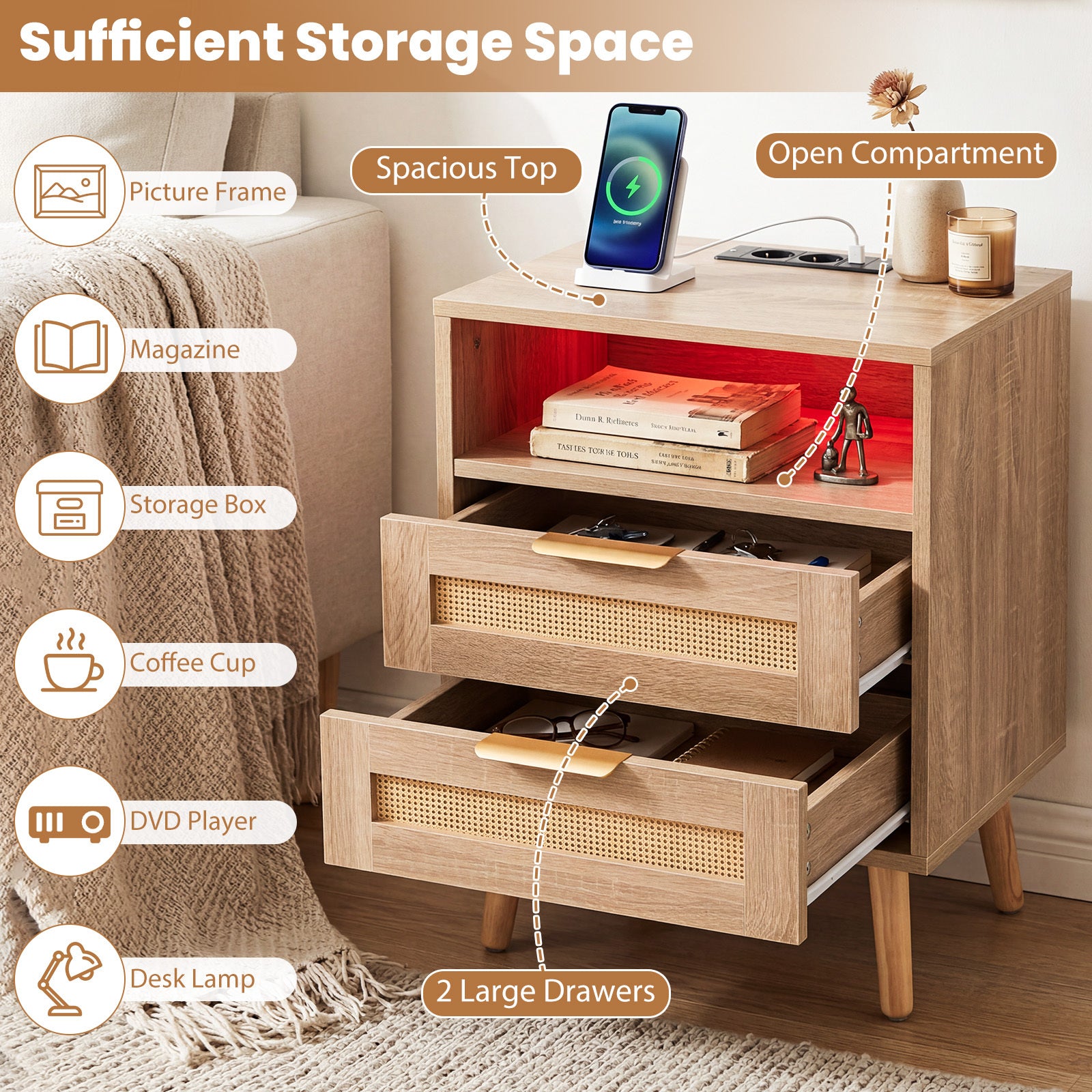 Nattbord – med laddstation och LED ljus, lådor, sidobord rattanutseende – 2