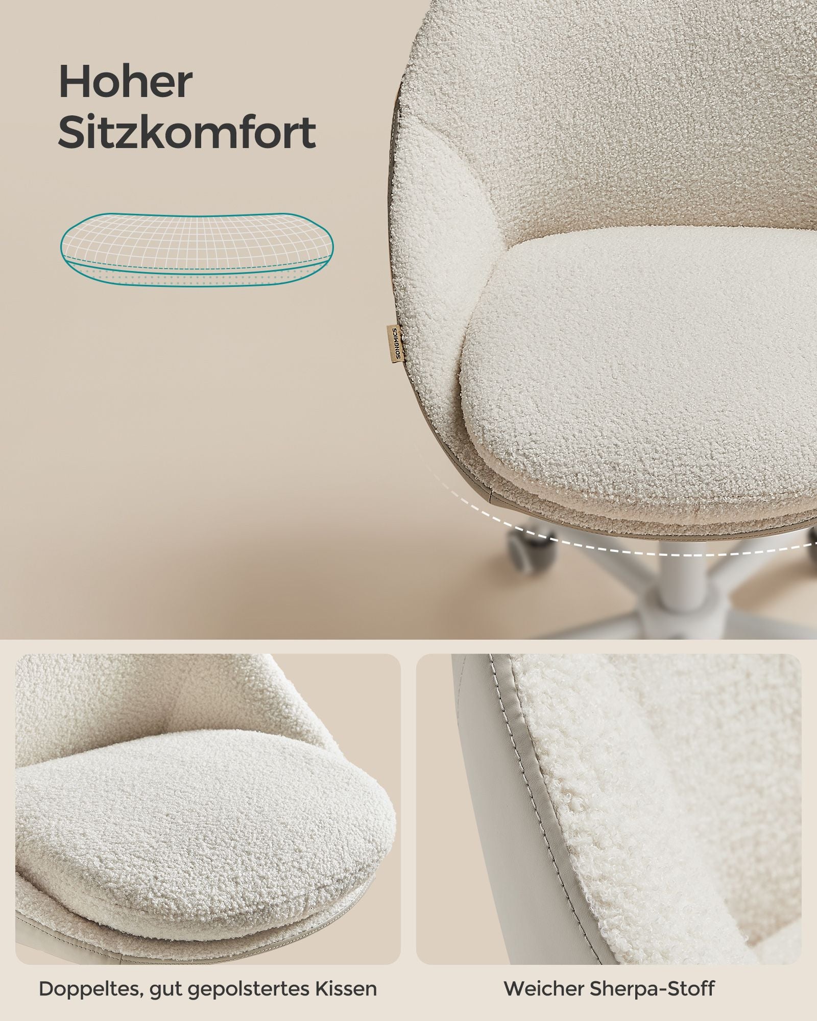 Samtbürostuhl, hochverstellbarer Cappuccino-Beige Cloud weiß