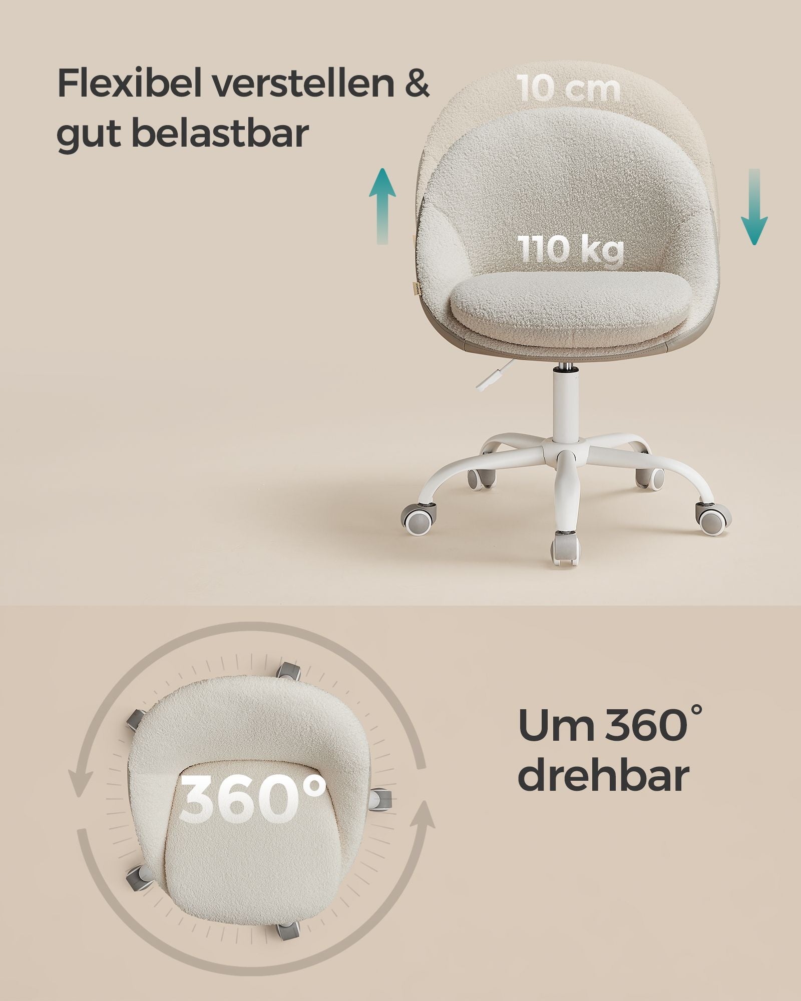 Samtbürostuhl, hochverstellbarer Cappuccino-Beige Cloud weiß