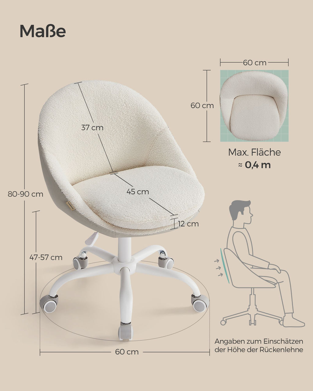 Samtbürostuhl, hochverstellbarer Cappuccino-Beige Cloud weiß