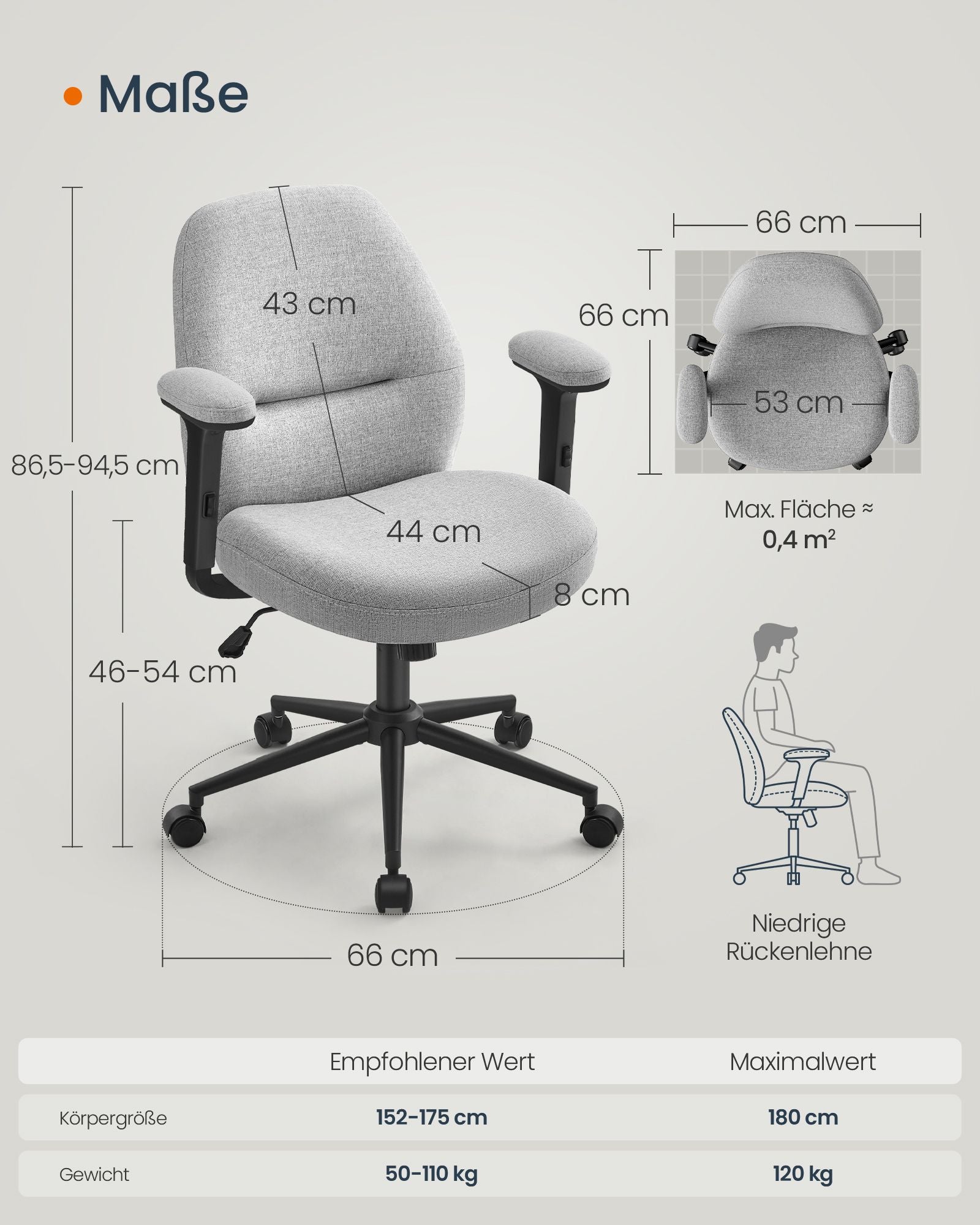 Bürostuhl mit verstellbaren Armlehnen Taube grau