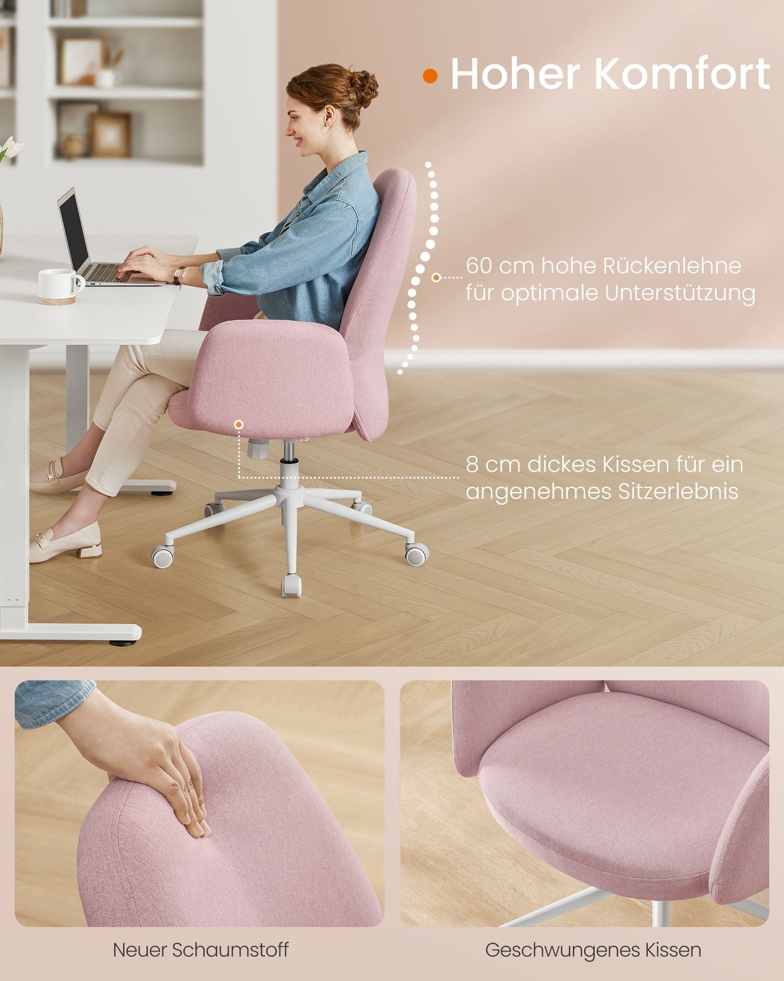 Bürostuhl in der Höhe mit Armlehnen Pastellrosa einstellbar