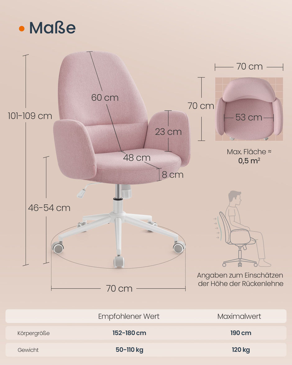 Bürostuhl in der Höhe mit Armlehnen Pastellrosa einstellbar