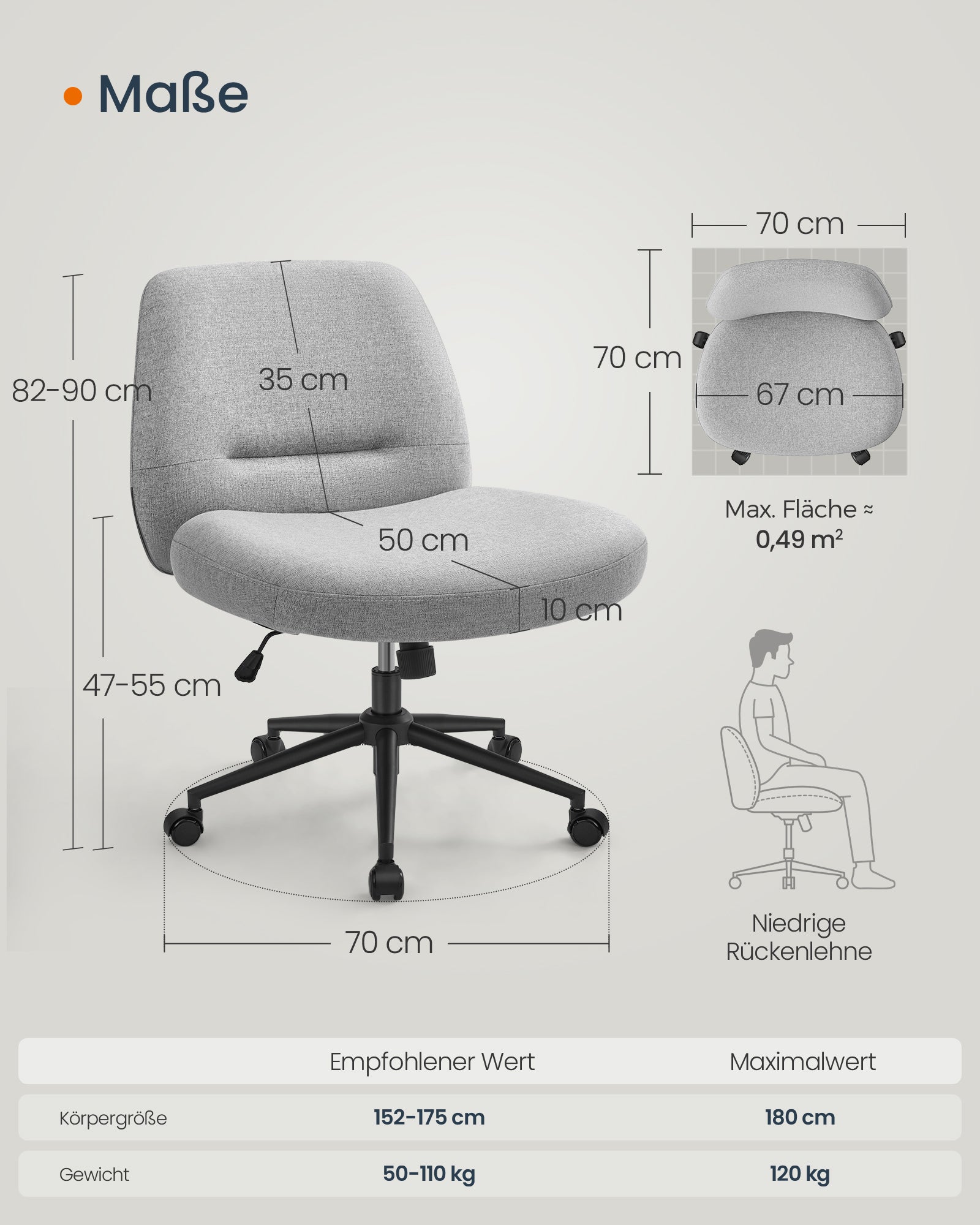 Bürostuhl mit breiter Sitz und paubengrauem Chassis