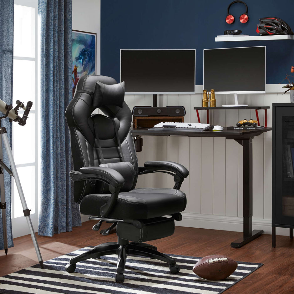 Gaming Chair - Game Chair - Bürostuhl - mit Fußstütze und Kopfstütze - Schwarz