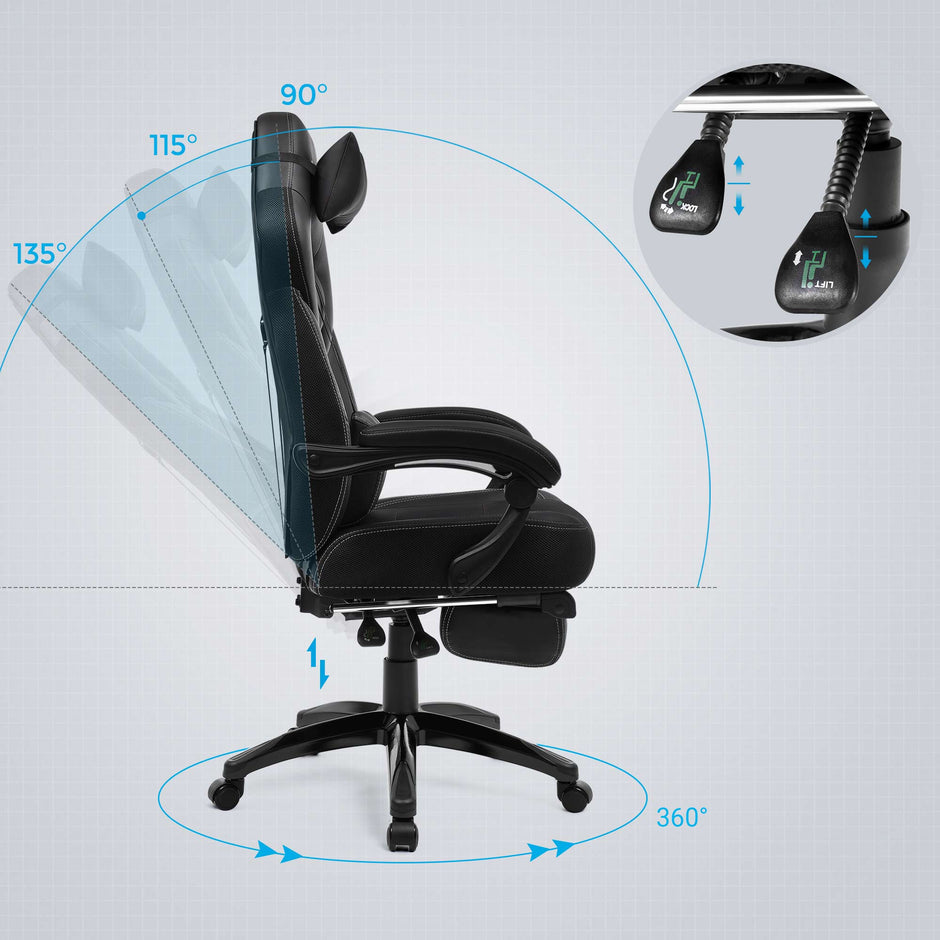 Gaming Chair - Game Chair - Bürostuhl - mit Fußstütze und Kopfstütze - Schwarz