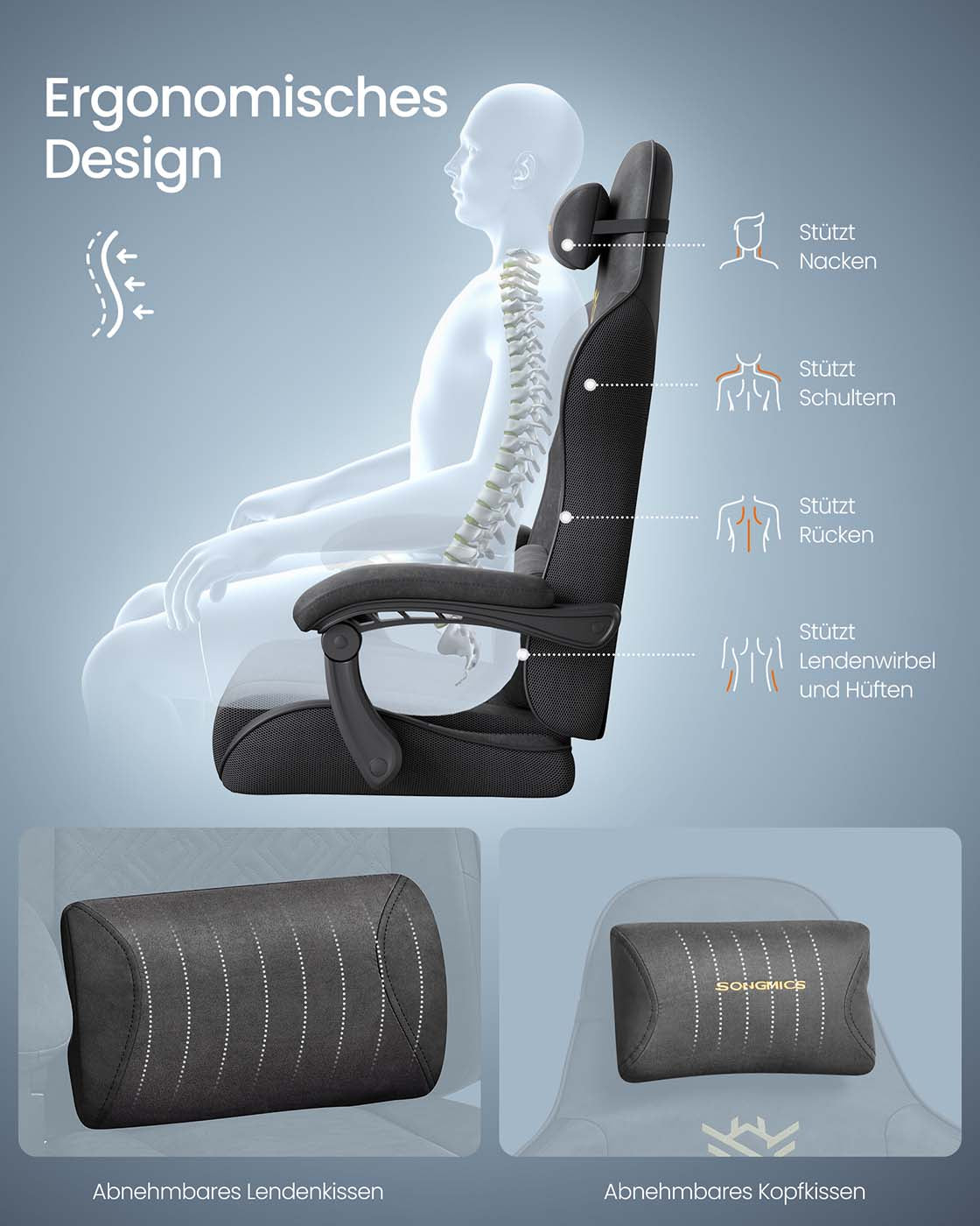 Gamingstoel – Ergonomisch – Met Voetenbank en Verenkussen – Zwart