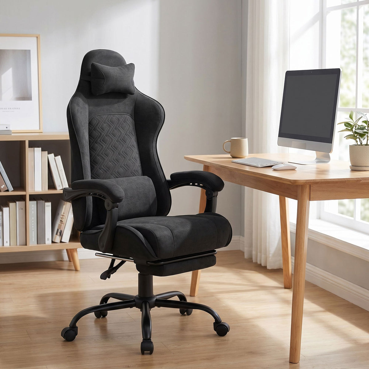 Gamingstoel – Ergonomisch – Pocketvering Zitkussen – Uitschuifbare Voetensteun – Tot 150 kg – Inktzwart