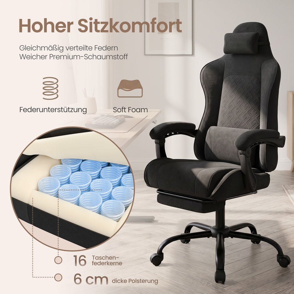 Gamingstoel – Ergonomisch – Pocketvering Zitkussen – Uitschuifbare Voetensteun – Tot 150 kg – Inktzwart