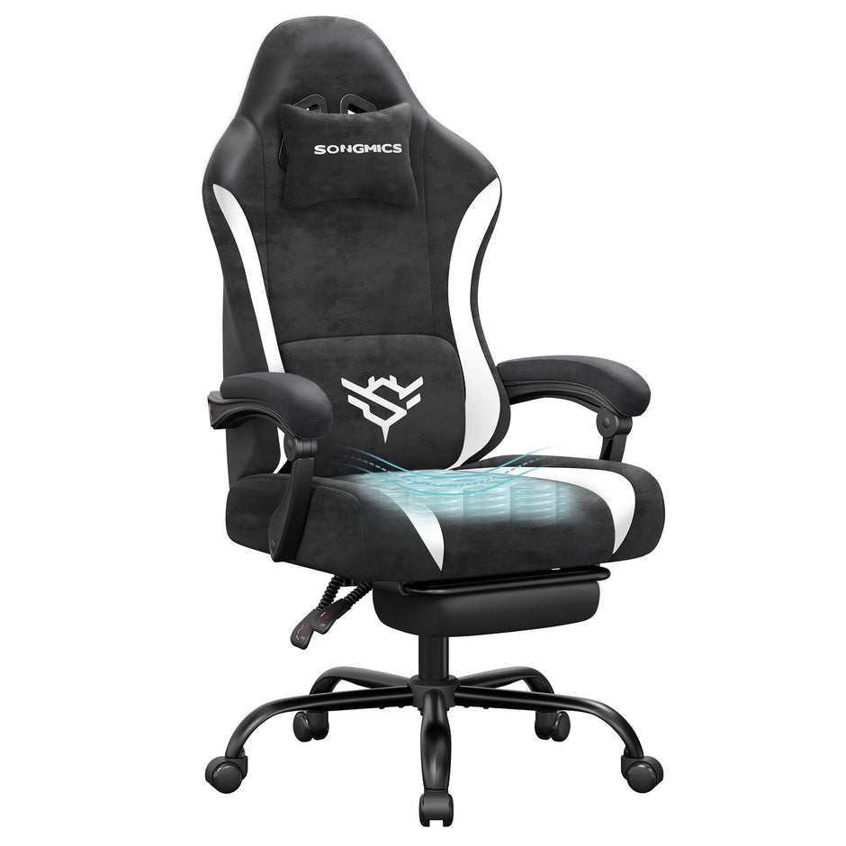Gamingstoel – Imitatiesuède – Voetensteun en Lendekussen – 135° Kantelbaar – Tot 150 kg – Inktzwart en Wolkenwit