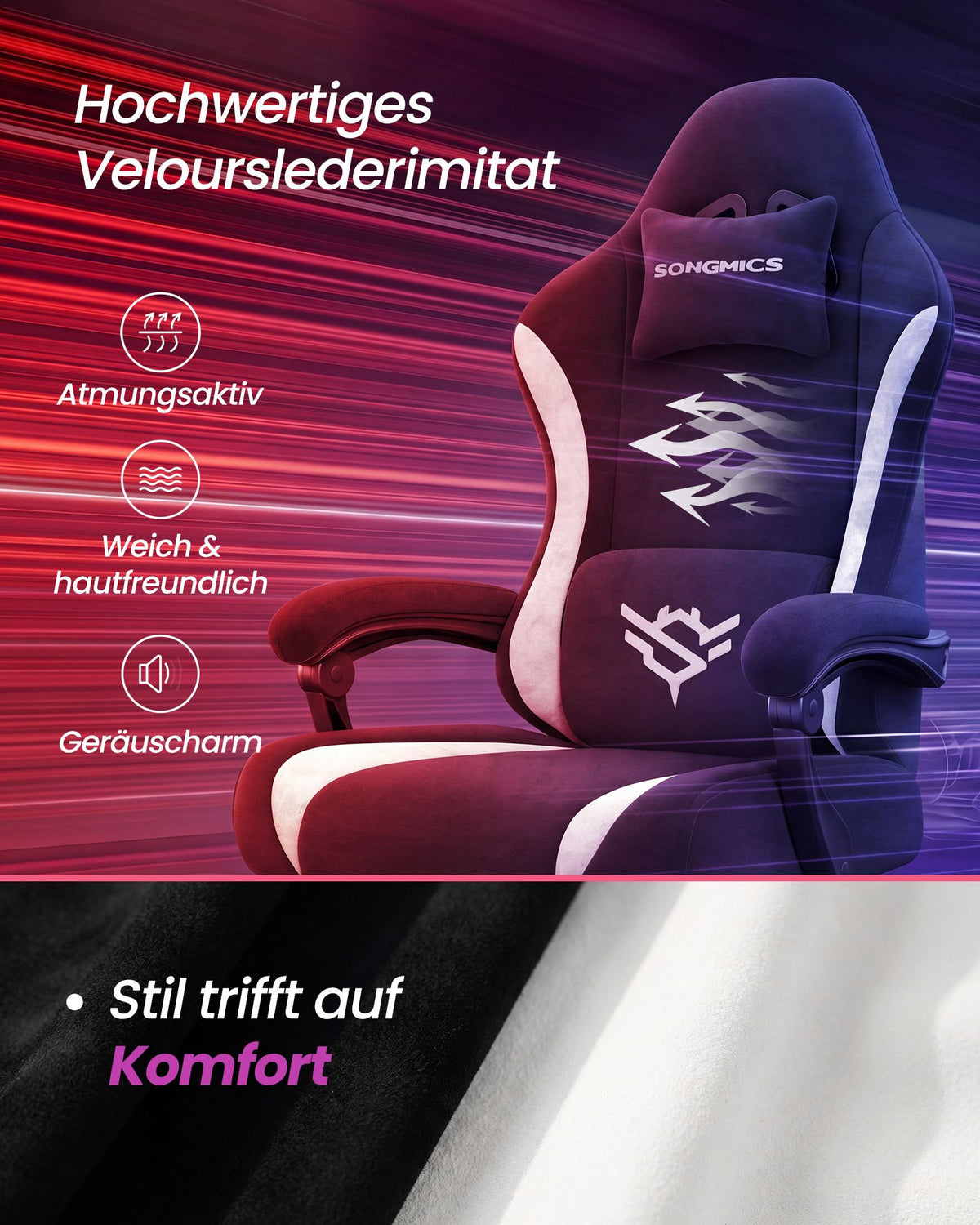 Gamingstoel – Imitatiesuède – Voetensteun en Lendekussen – 135° Kantelbaar – Tot 150 kg – Inktzwart en Wolkenwit