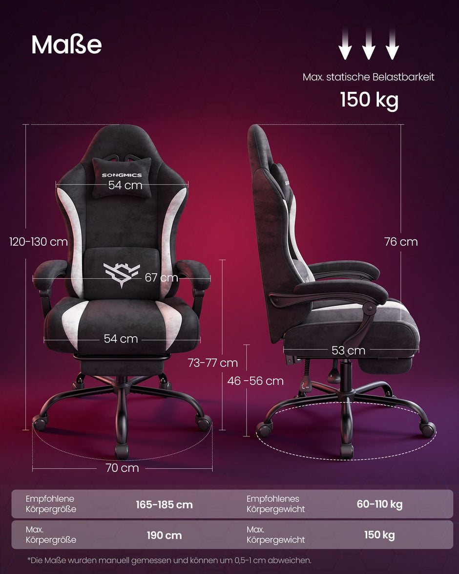 Gamingstoel – Imitatiesuède – Voetensteun en Lendekussen – 135° Kantelbaar – Tot 150 kg – Inktzwart en Wolkenwit