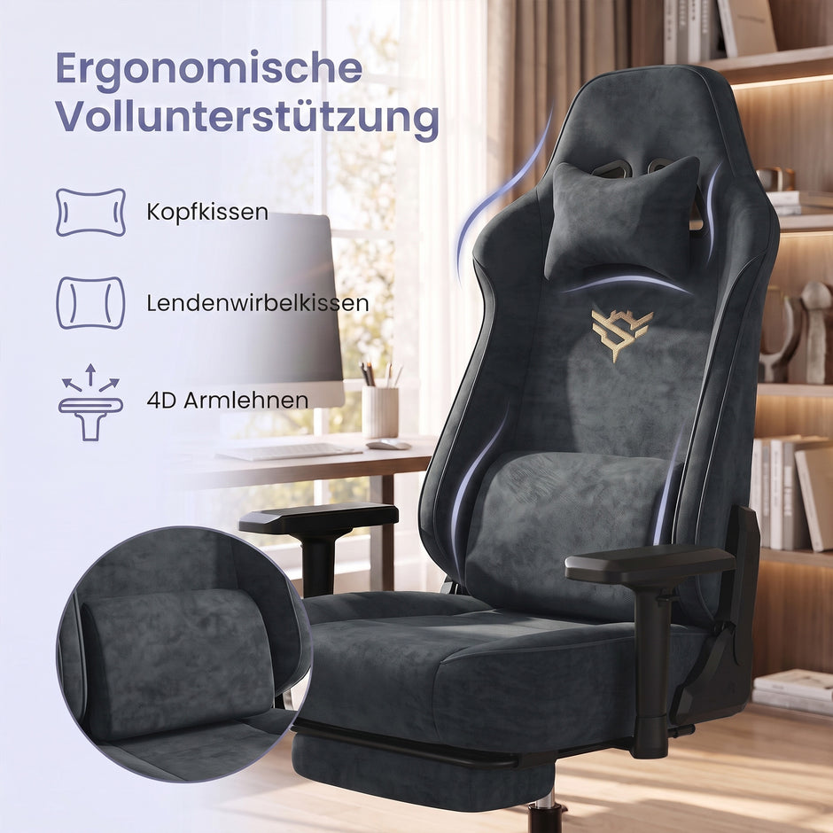 Gamingstoel - Met Voetsteun en 4D-Armleuningen - Tot 200 kg - Antracietgrijs - 72 x 72 x (125-135) cm