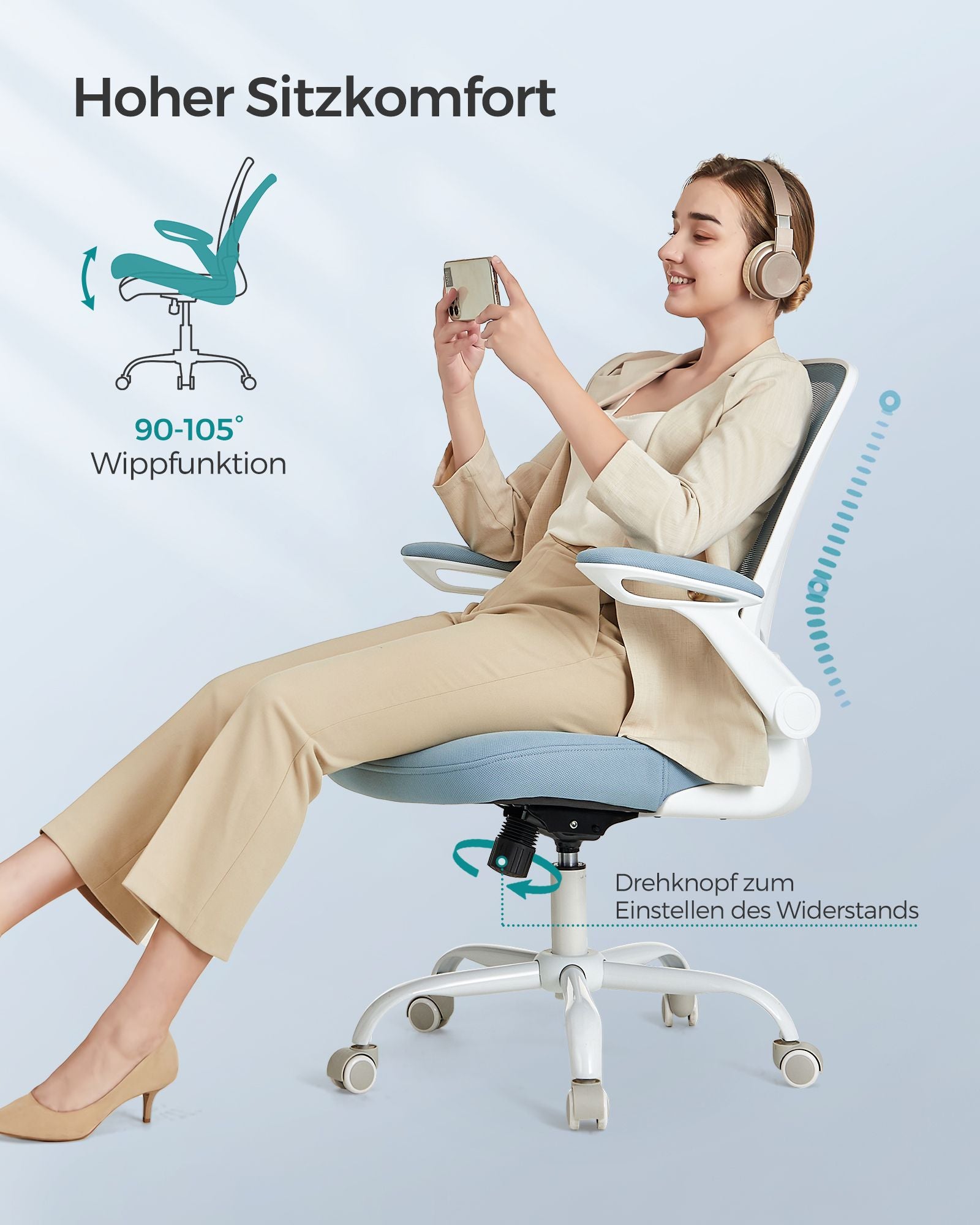 Office Chair - Ergonomisch - mit faltbaren Armlehnen - Nebelblau