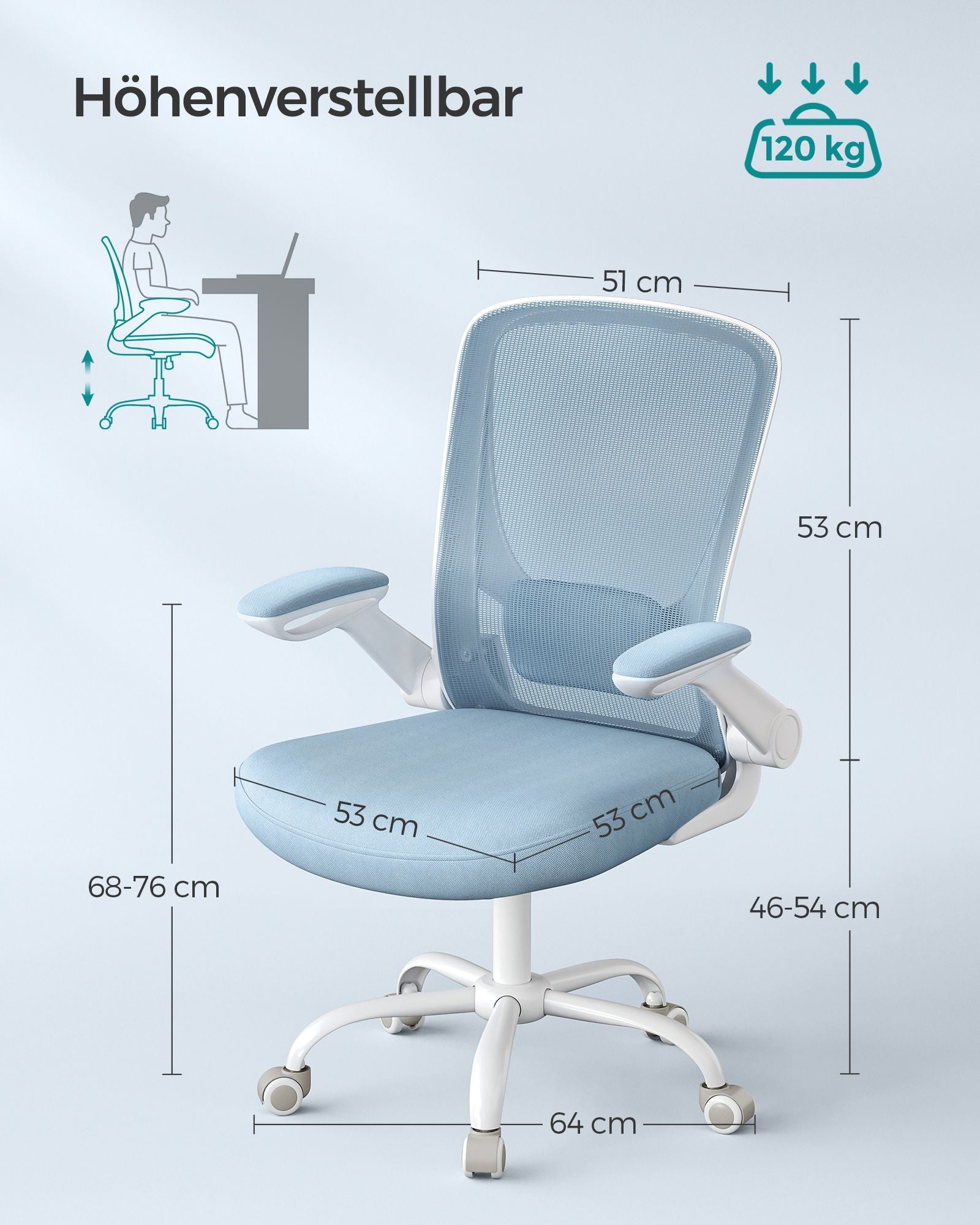 Office Chair - Ergonomisch - mit faltbaren Armlehnen - Nebelblau