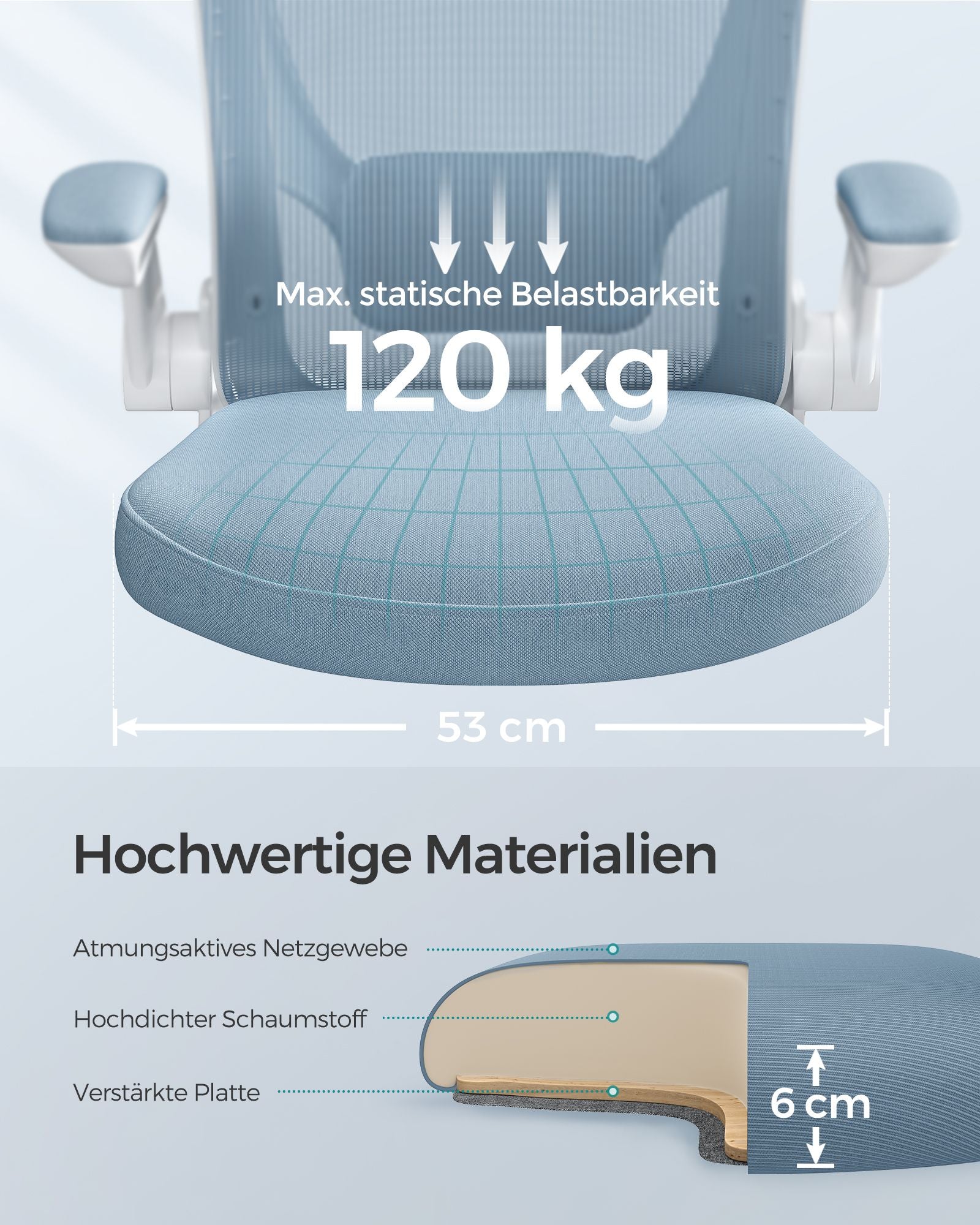 Office Chair - Ergonomisch - mit faltbaren Armlehnen - Nebelblau