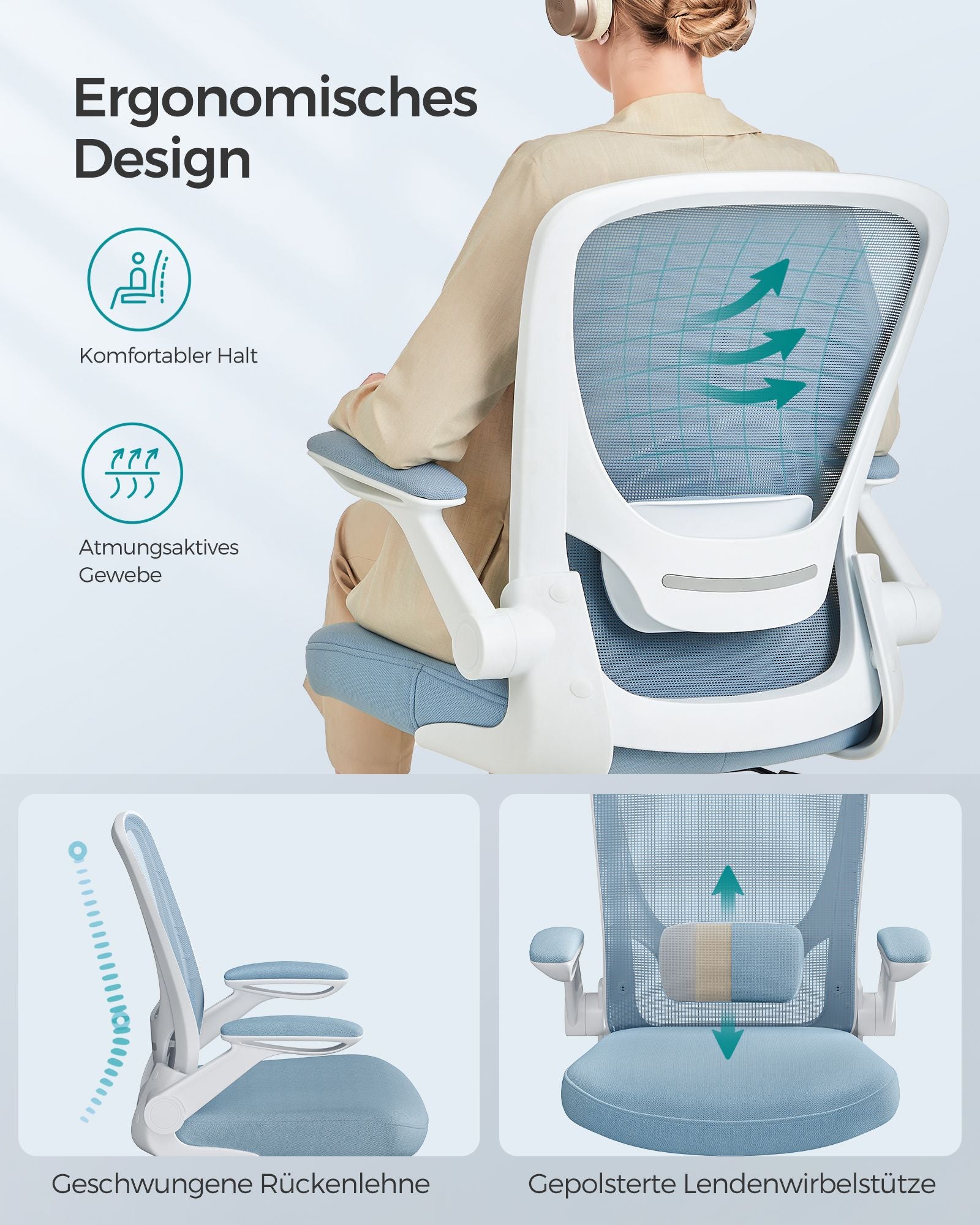 Office Chair - Ergonomisch - mit faltbaren Armlehnen - Nebelblau