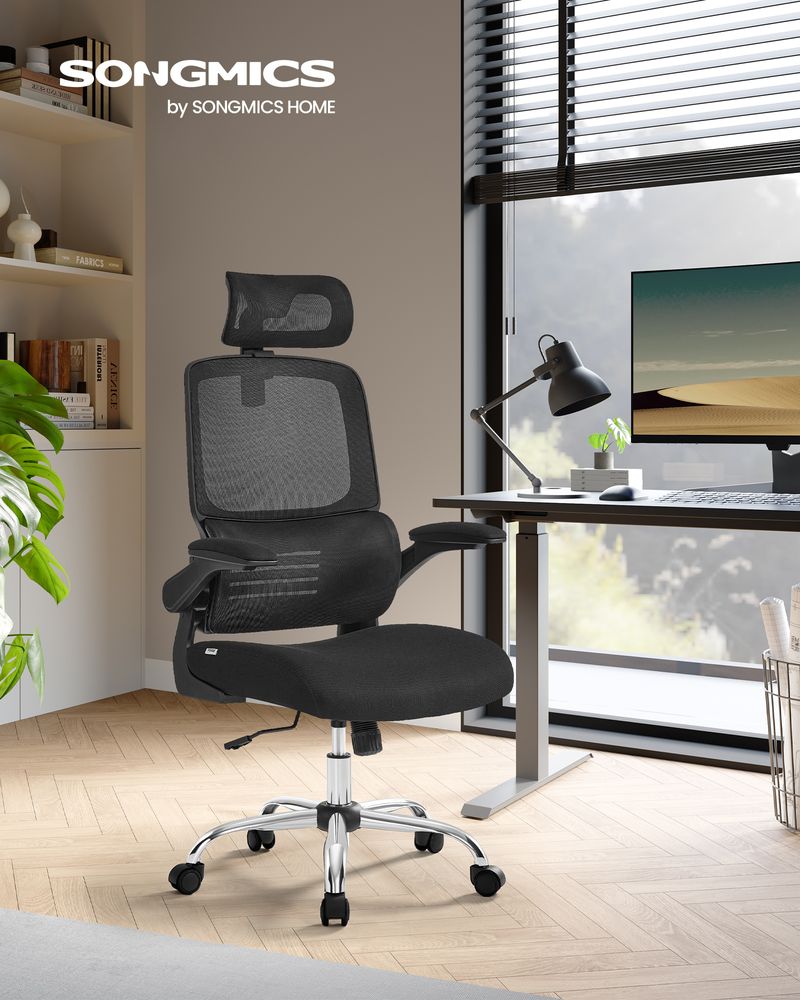 Office Stuhl - Computerstuhl - mit einstellbarer Kopfstütze - faltbare Armlehnen - Schwarz