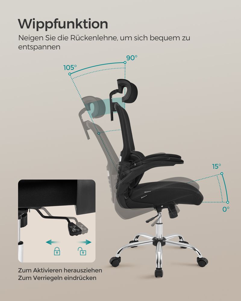 Office Stuhl - Computerstuhl - mit einstellbarer Kopfstütze - faltbare Armlehnen - Schwarz