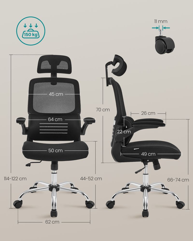 Office Stuhl - Computerstuhl - mit einstellbarer Kopfstütze - faltbare Armlehnen - Schwarz