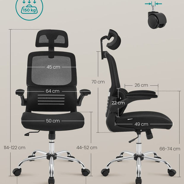 Office Stuhl - Computerstuhl - mit einstellbarer Kopfstütze - faltbare Armlehnen - Schwarz