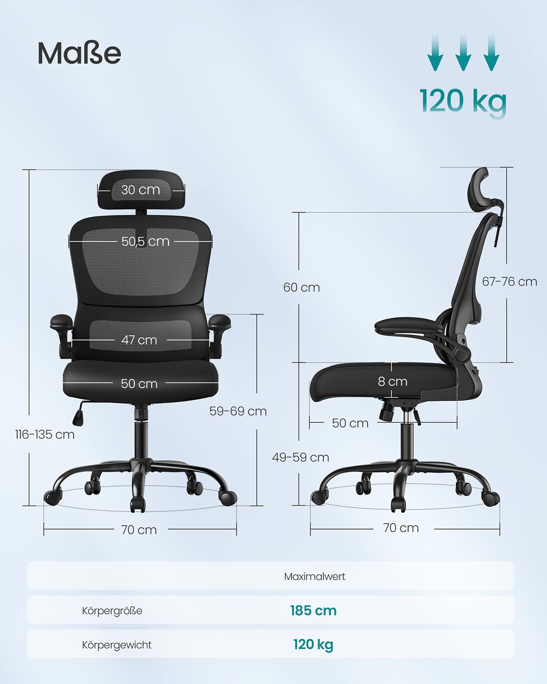 Office Chair - Ergonomisch - Mesh Fabric - faltbare Armlehnen
