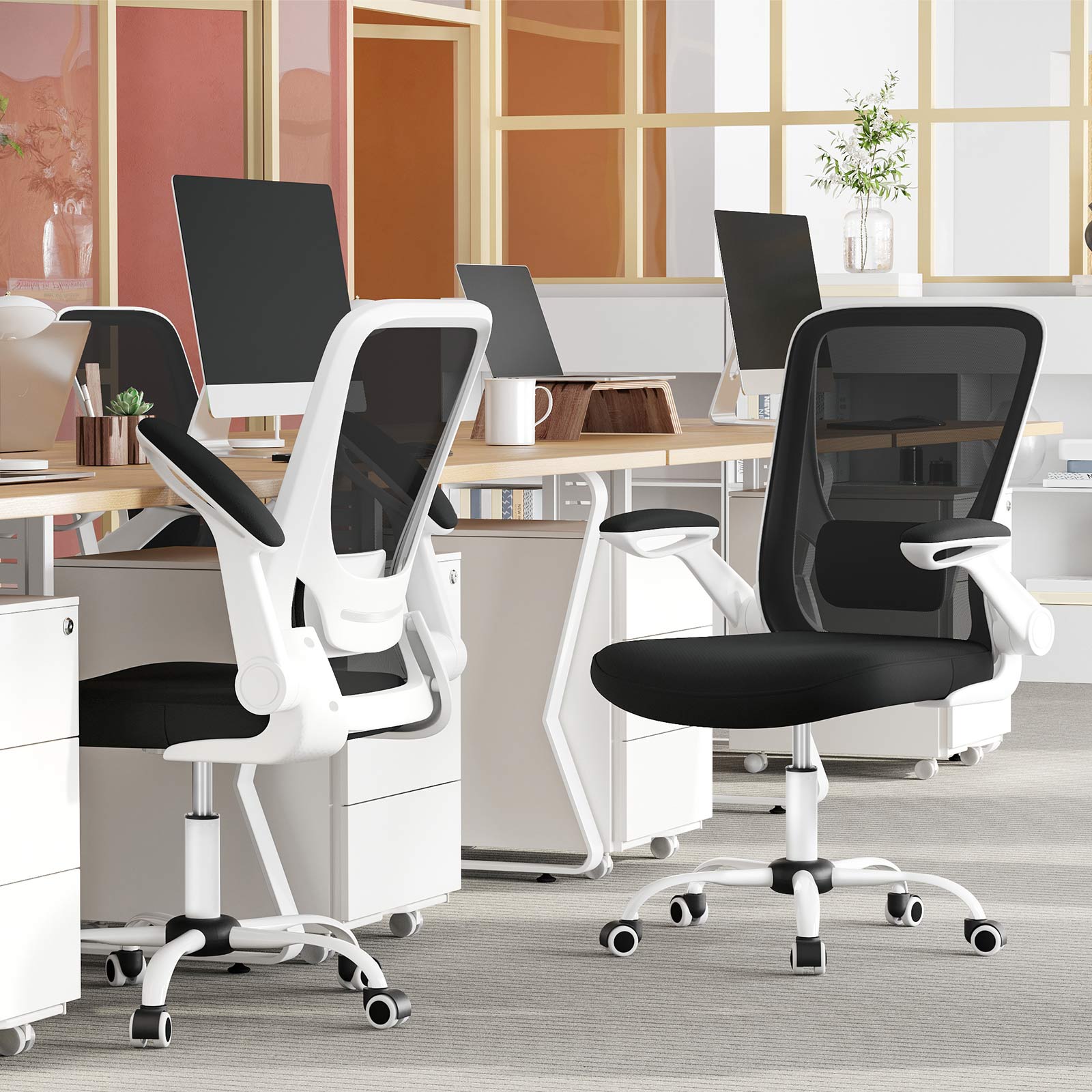 Office Stuhl - Computerstuhl - mit klappbaren Armlehnen - Verstellbare Rückenlehne - Schwarz Weiß