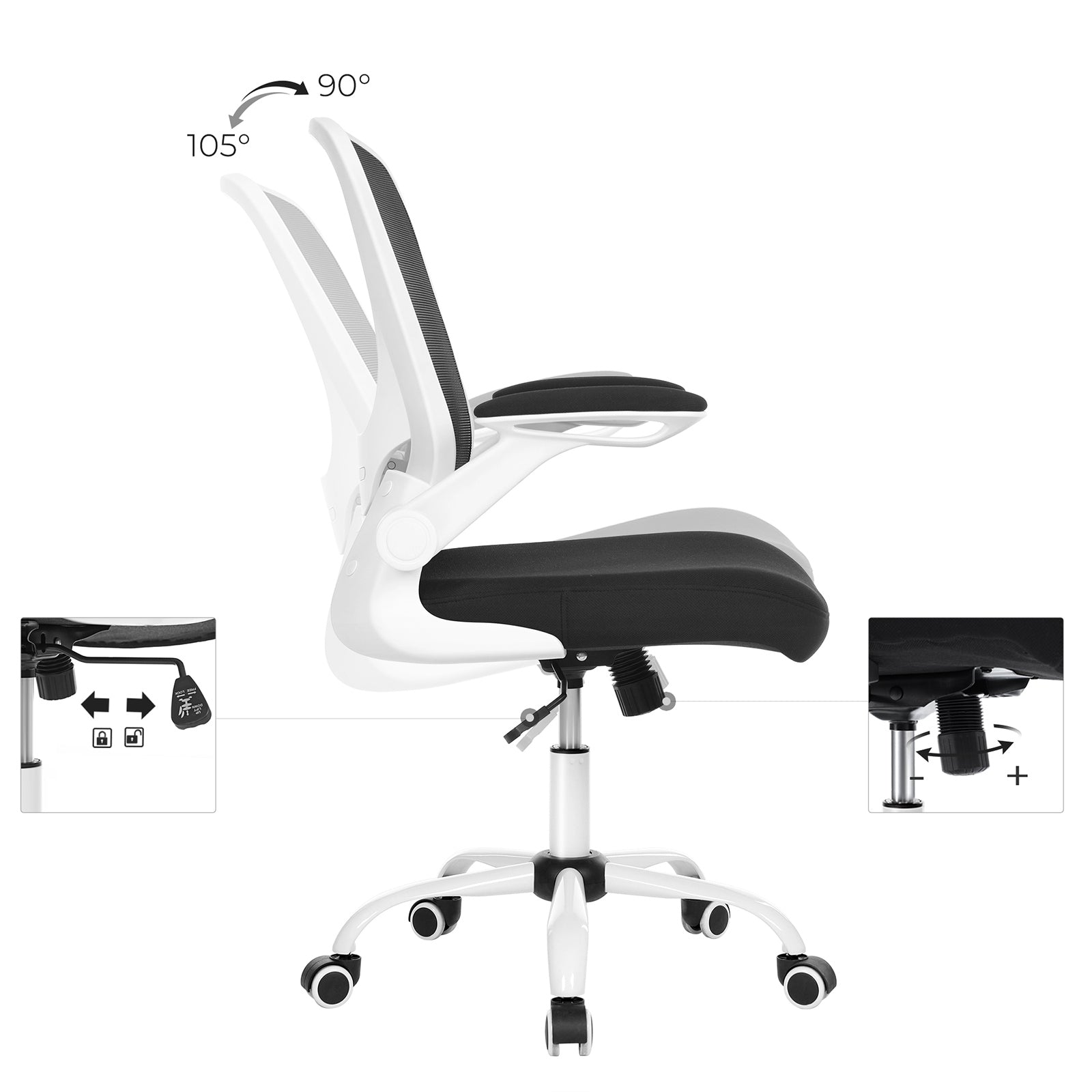 Office Stuhl - Computerstuhl - mit klappbaren Armlehnen - Verstellbare Rückenlehne - Schwarz Weiß