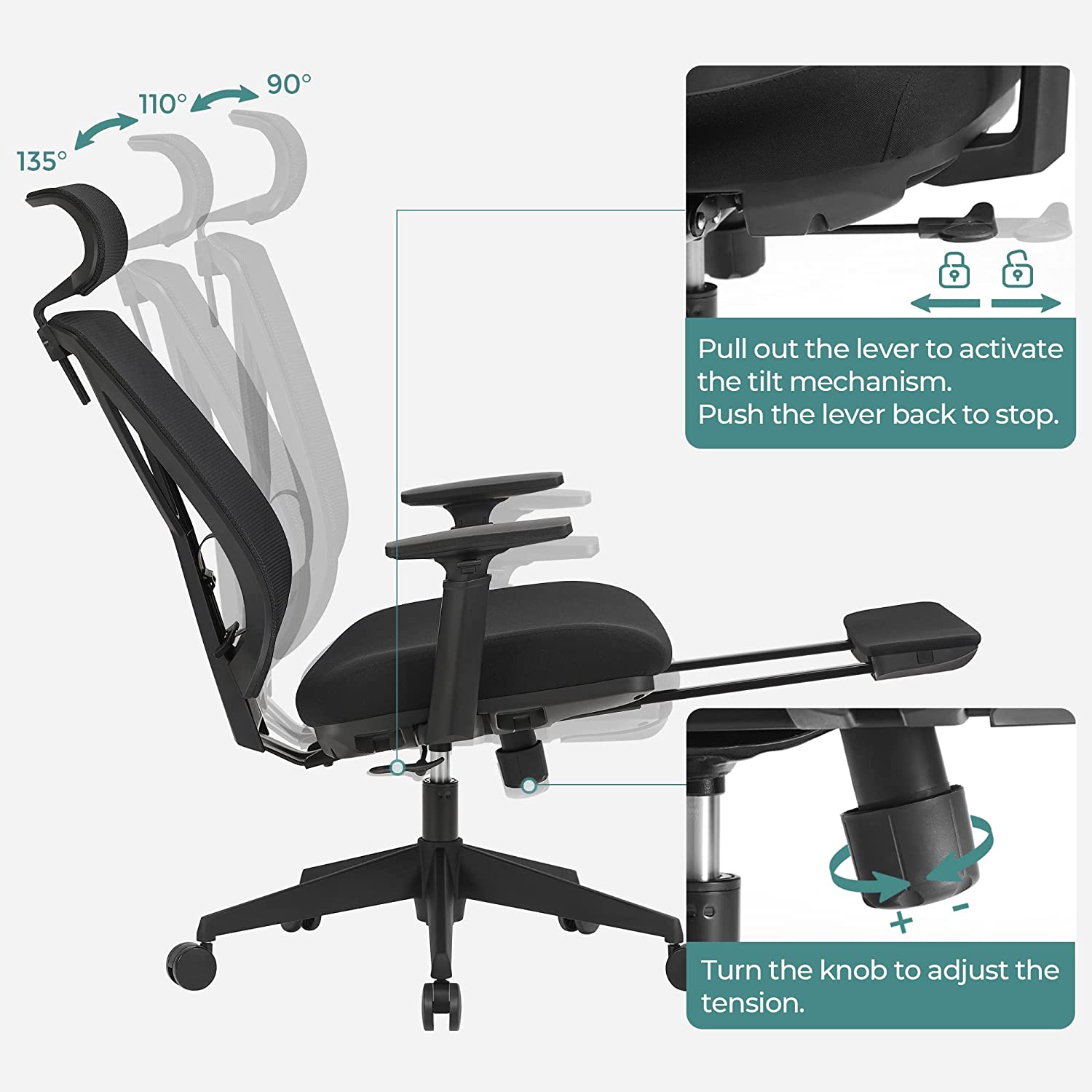 Office Stuhl - Gaming Chair mit Fußstütze und Kopfstütze - Schwarz