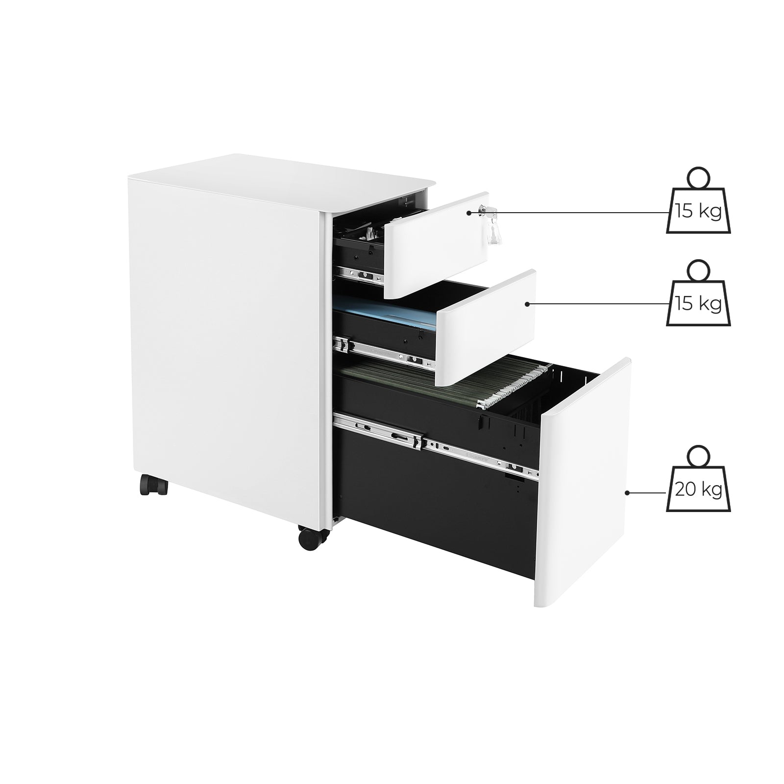 Ladeblok - Archivschrank - Büroschrank mit Rädern und Schloss - Weiß