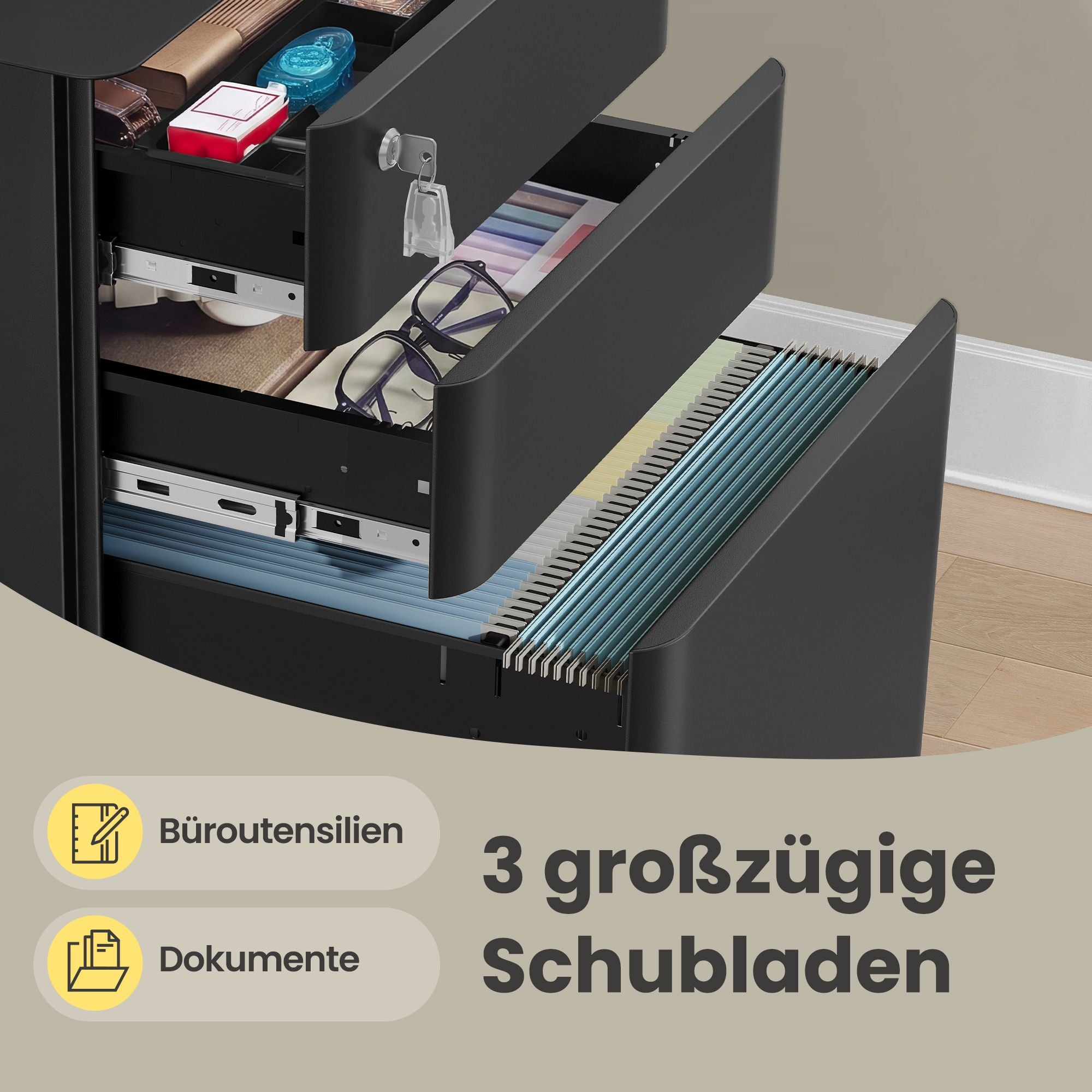 Rolcontainer - 3 Lades - Staal - Op Wielen - Zwart