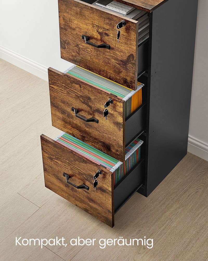 Archivschrank - Büroschrank - mit 3 abschließbaren Schubladen - mit Gräben - Brown - Holz