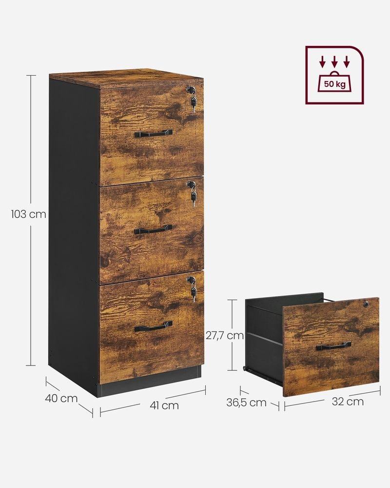 Archivschrank - Büroschrank - mit 3 abschließbaren Schubladen - mit Gräben - Brown - Holz