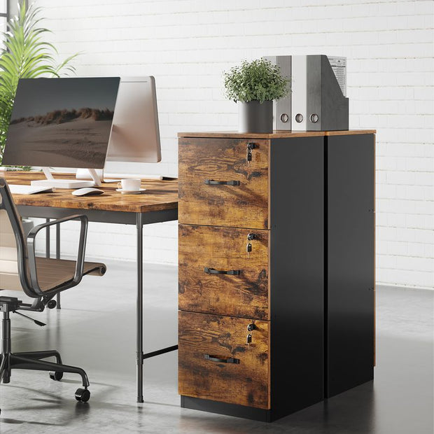 Archivschrank - Büroschrank - mit 3 abschließbaren Schubladen - mit Gräben - Brown - Holz