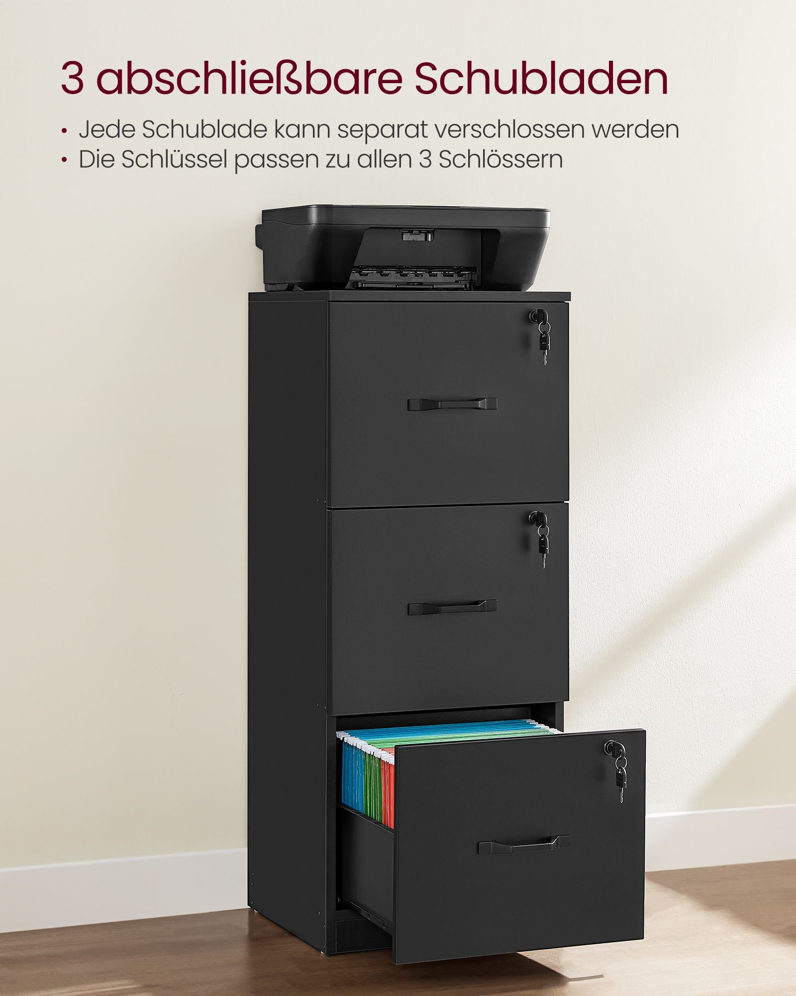 Archivschrank - mit 3 abschließbaren Schubladen - Tinte schwarz