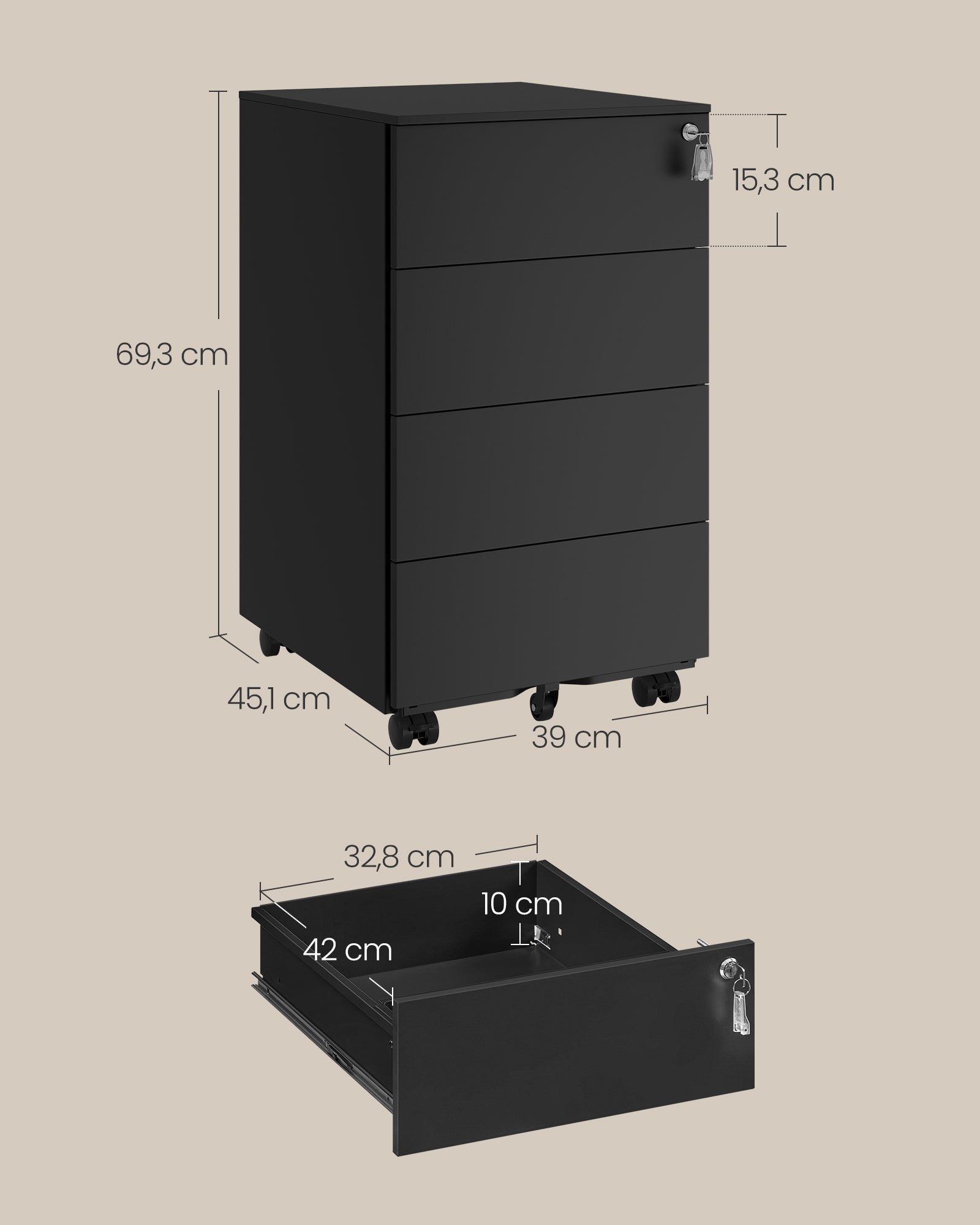 Rollbehälter - 4 Schubladen - auf Rädern - Tinte -Black