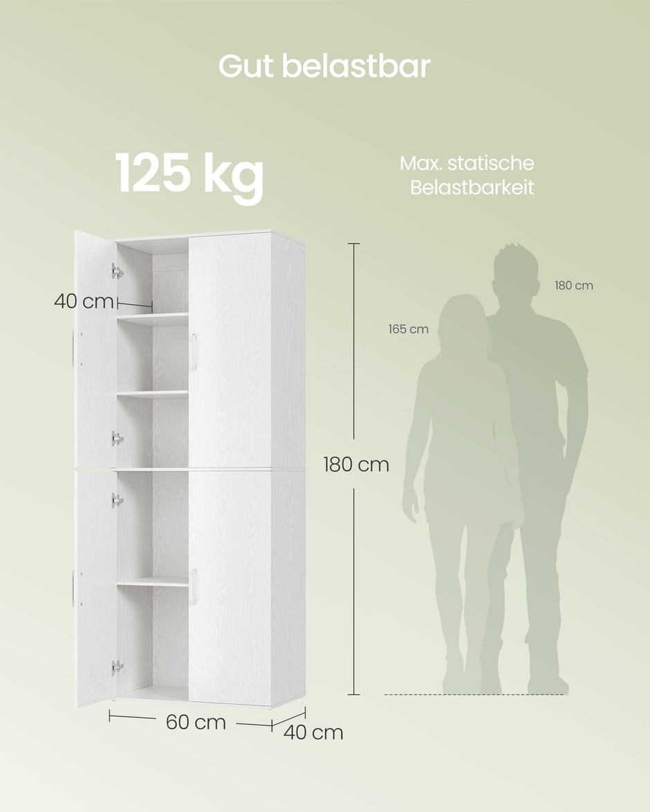 Kast - 80 x 40 x 180 cm - 4 deuren, 5 planken - Sneeuwwit - Max. belasting per plank 25 kg