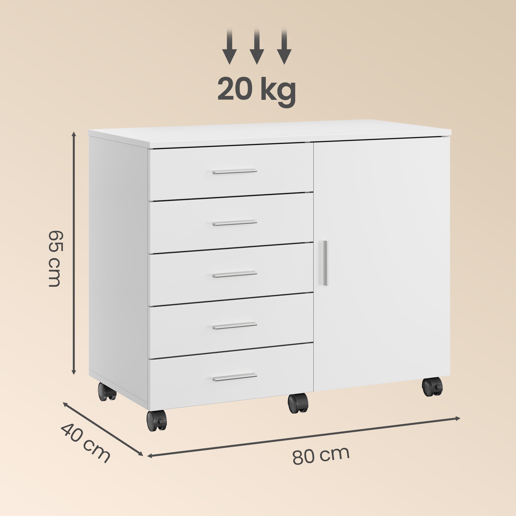 Rolcontainer - 5 Lades - Met Deur - Printerstandaard - Wit